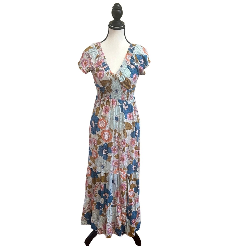 ANGIE Maxi Dress Floral Print Blue Pink Orange Smocked Waist Flutter Sleeve
